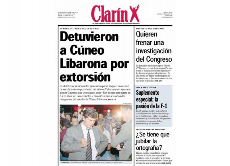 La tapa de Clarín sobre el atentado a la AMIA.
