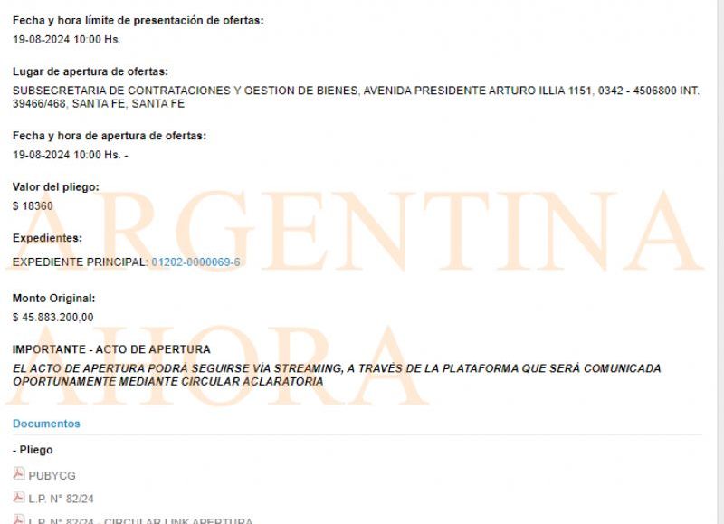 El monto original de la licitación es: $45.883.200,00, y el acto podrá seguirse vía streaming, a través de la plataforma que será comunicada oportunamente mediante circular aclaratorio. (Foto: ArgentinaAhora)