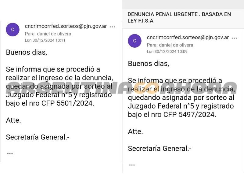 Correos sobre presentación de denuncias en la Justicia Federal. (Foto: Argentina Ahora)